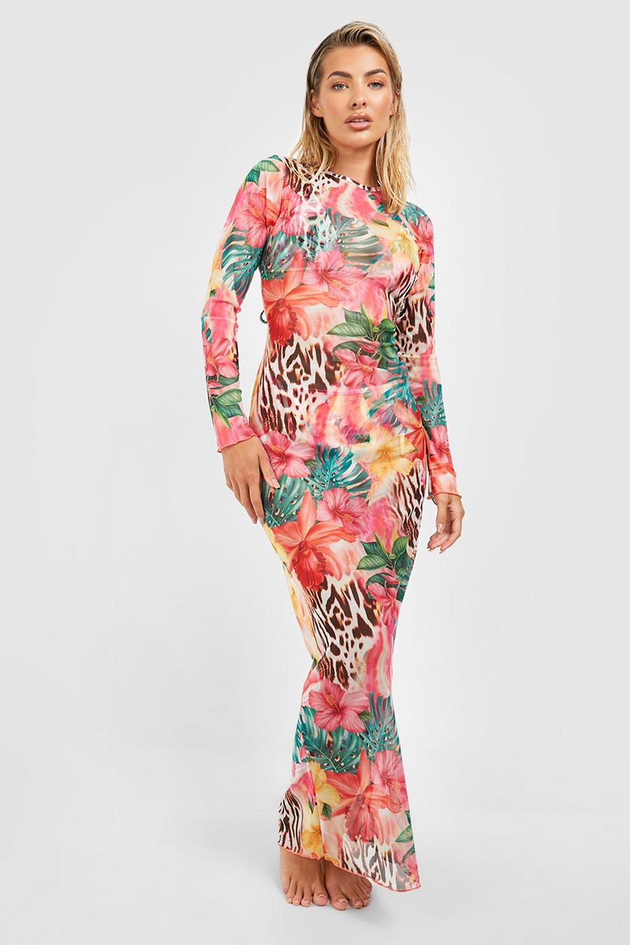 Pink Tropical Animal Open Back Beach Maxi Dress image number 1