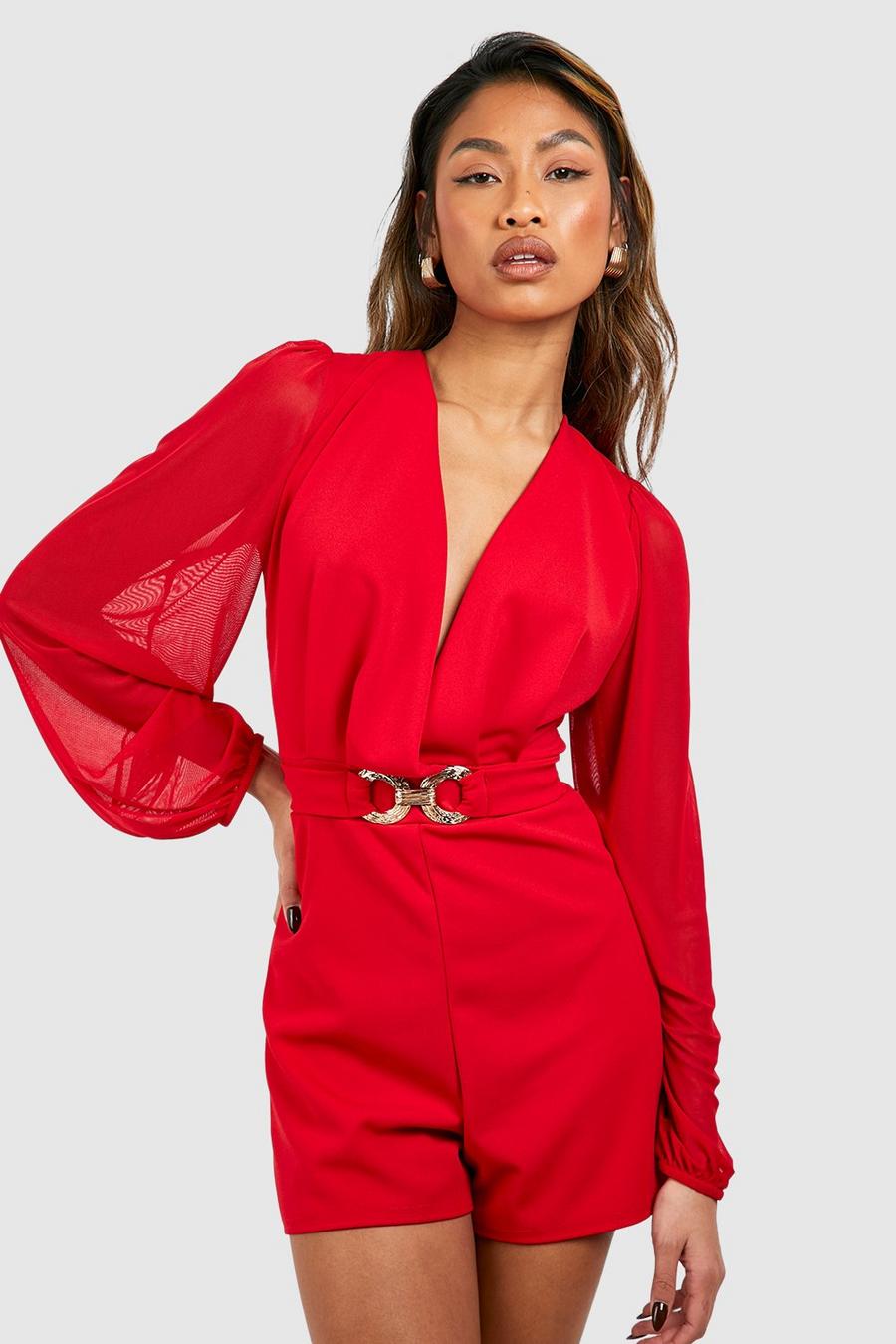 Red Mesh Sleeve Belted Playsuit