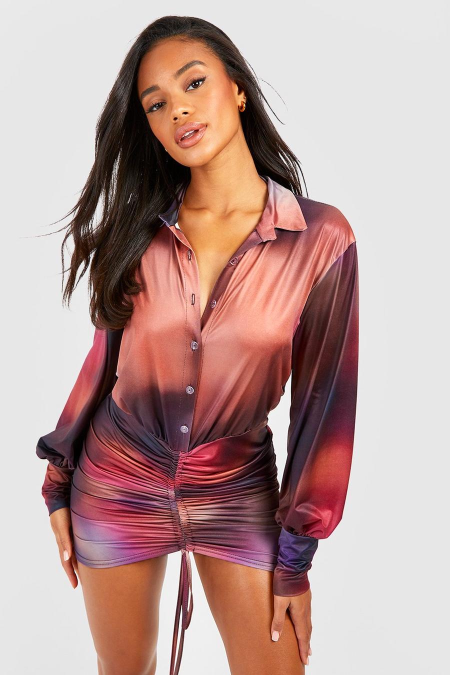 Multi Abstract Slinky Ruched Shirt Dress