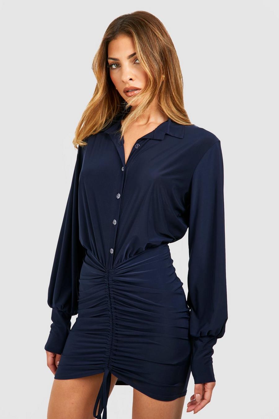Navy Slinky Rouched Shirt Dress