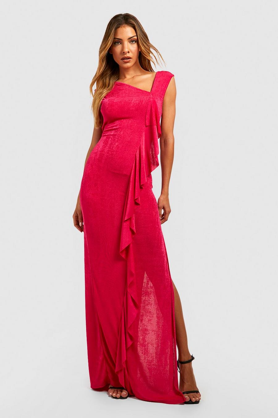 Raspberry Ruffle Asymmetric Maxi Dress