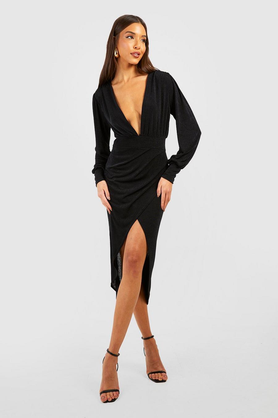 Black Textured Slinky Ruched Wrap Dress