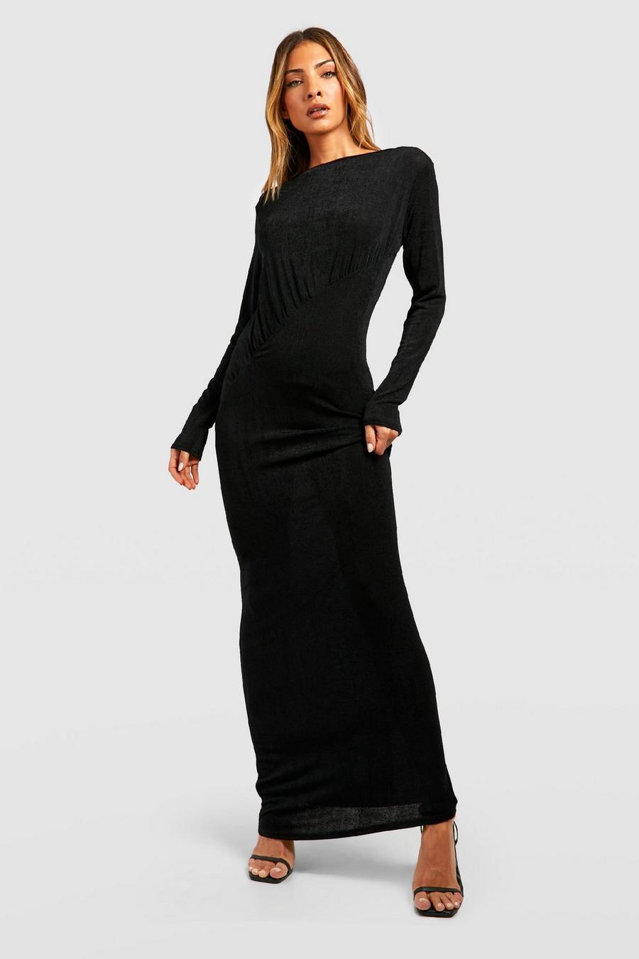 Black Textured Slinky Ruched Maxi Dress