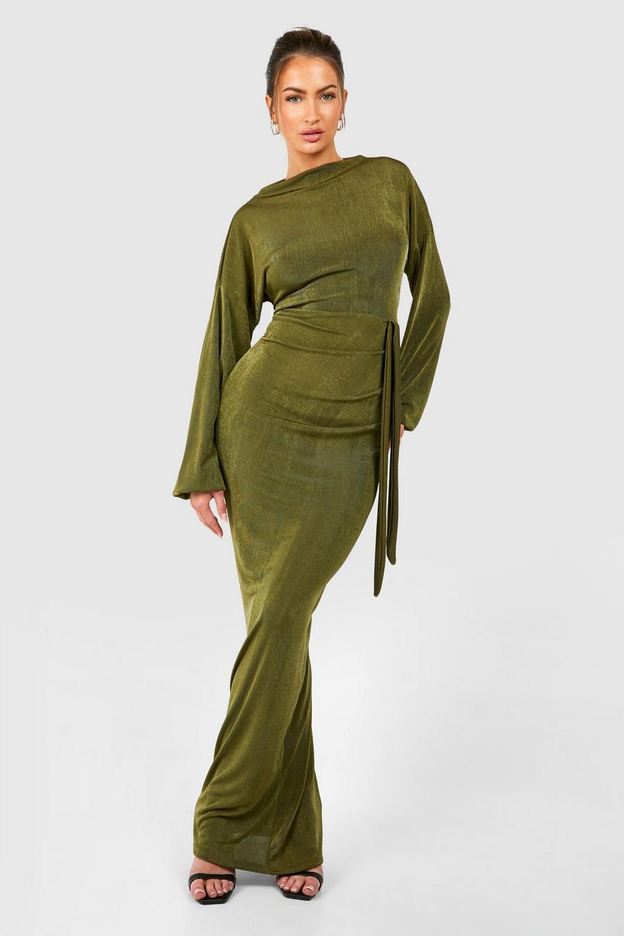 Olive Textured Slinky Belted Maxi Dress