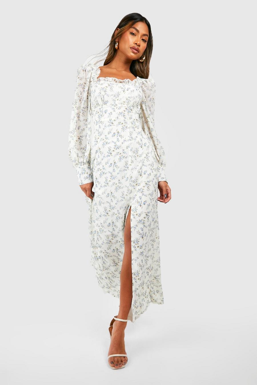 Ivory Ditsy Corset Detail Maxi Milkmaid Dress