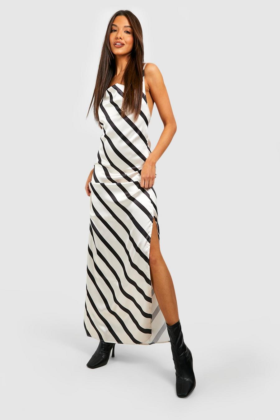 Beige Striped Satin Slip Maxi Dress image number 1
