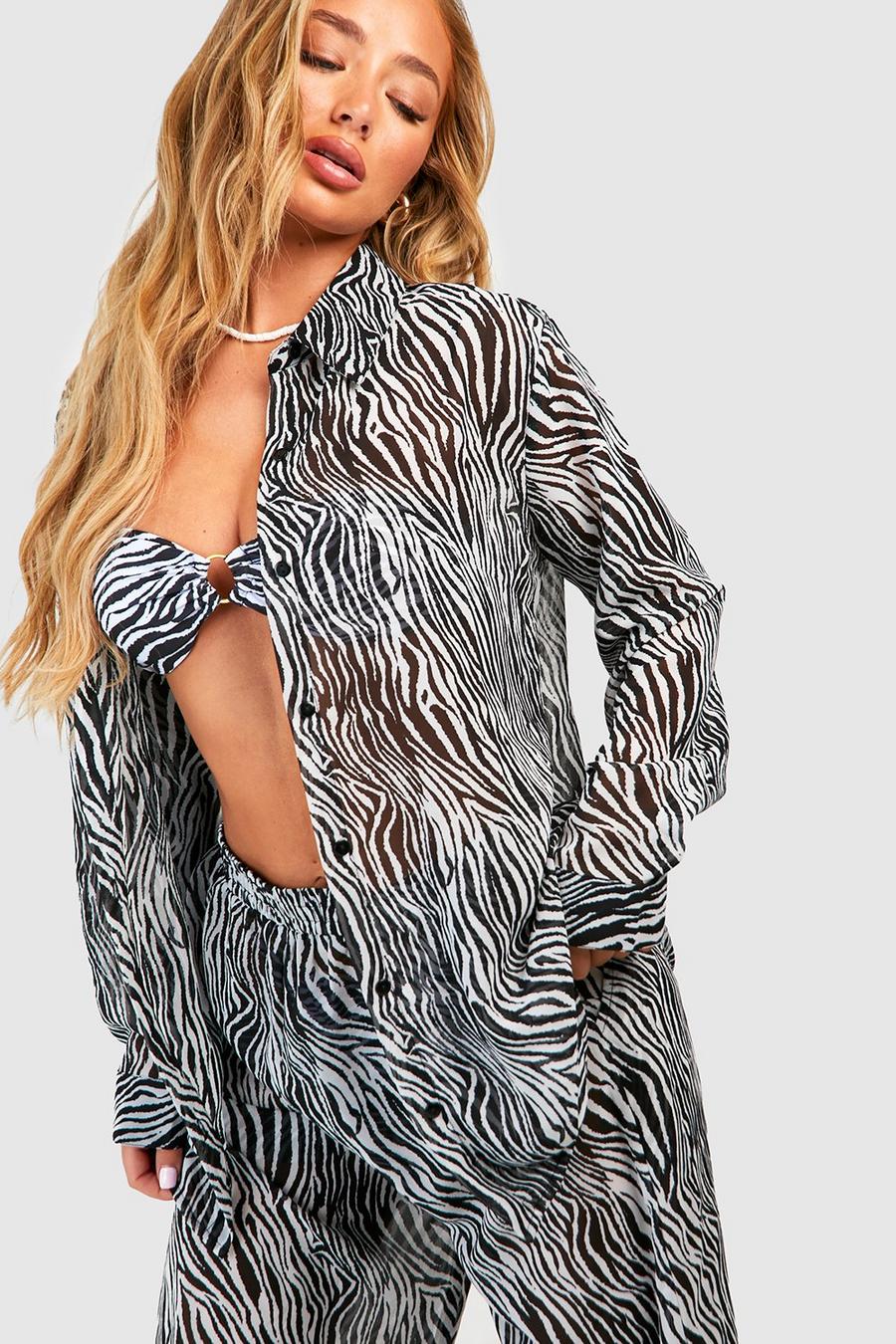 Zebraprint Chiffon-Strandhemd, Black