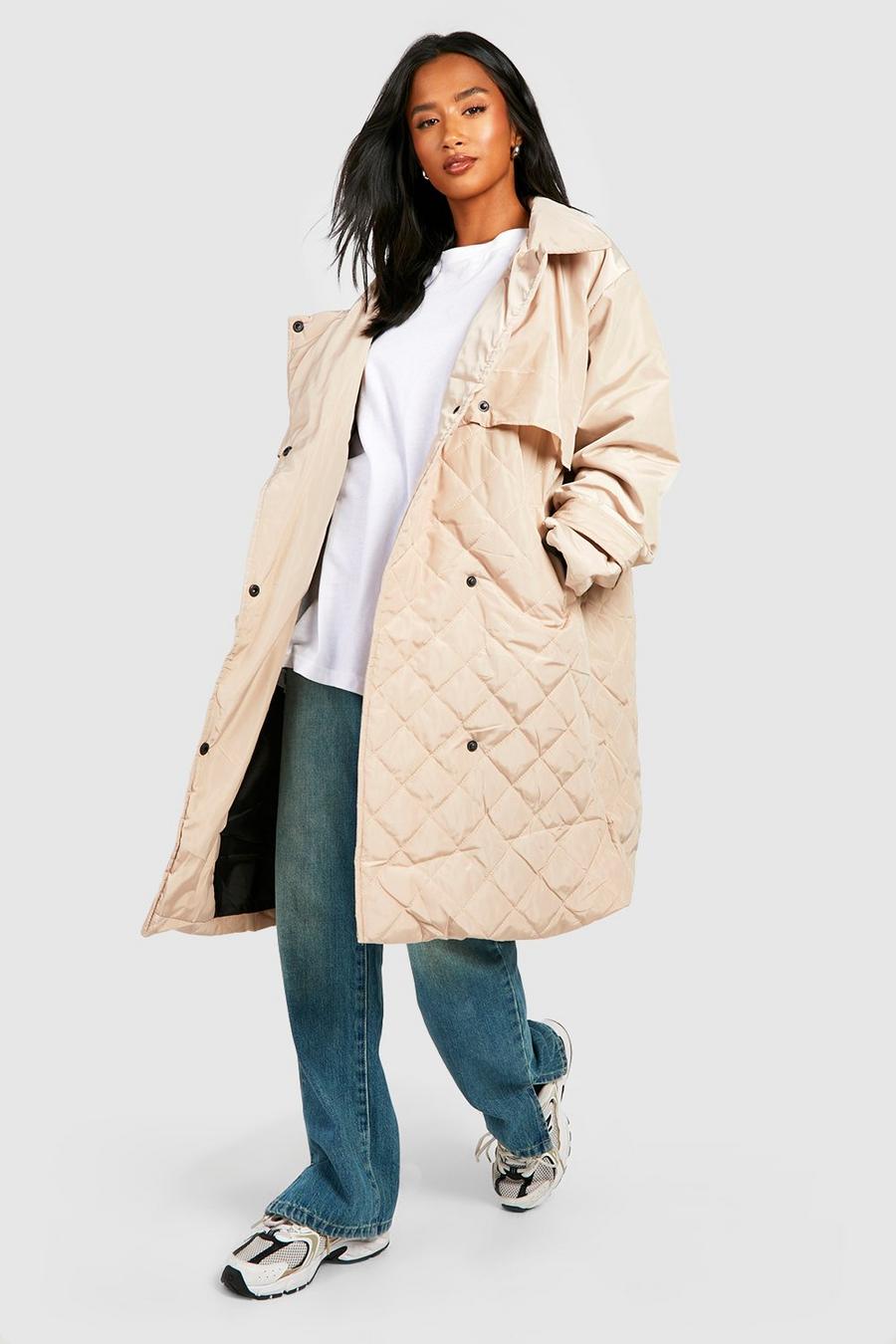 Stone Petite Oversized Quilted Double Layer Trench Coat
