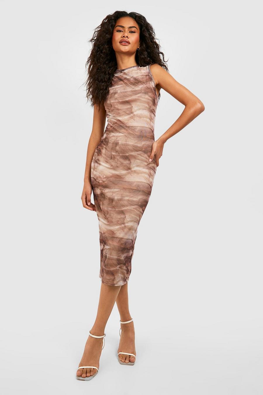 Abstract Print Rouched Mesh Midi Dress image number 1