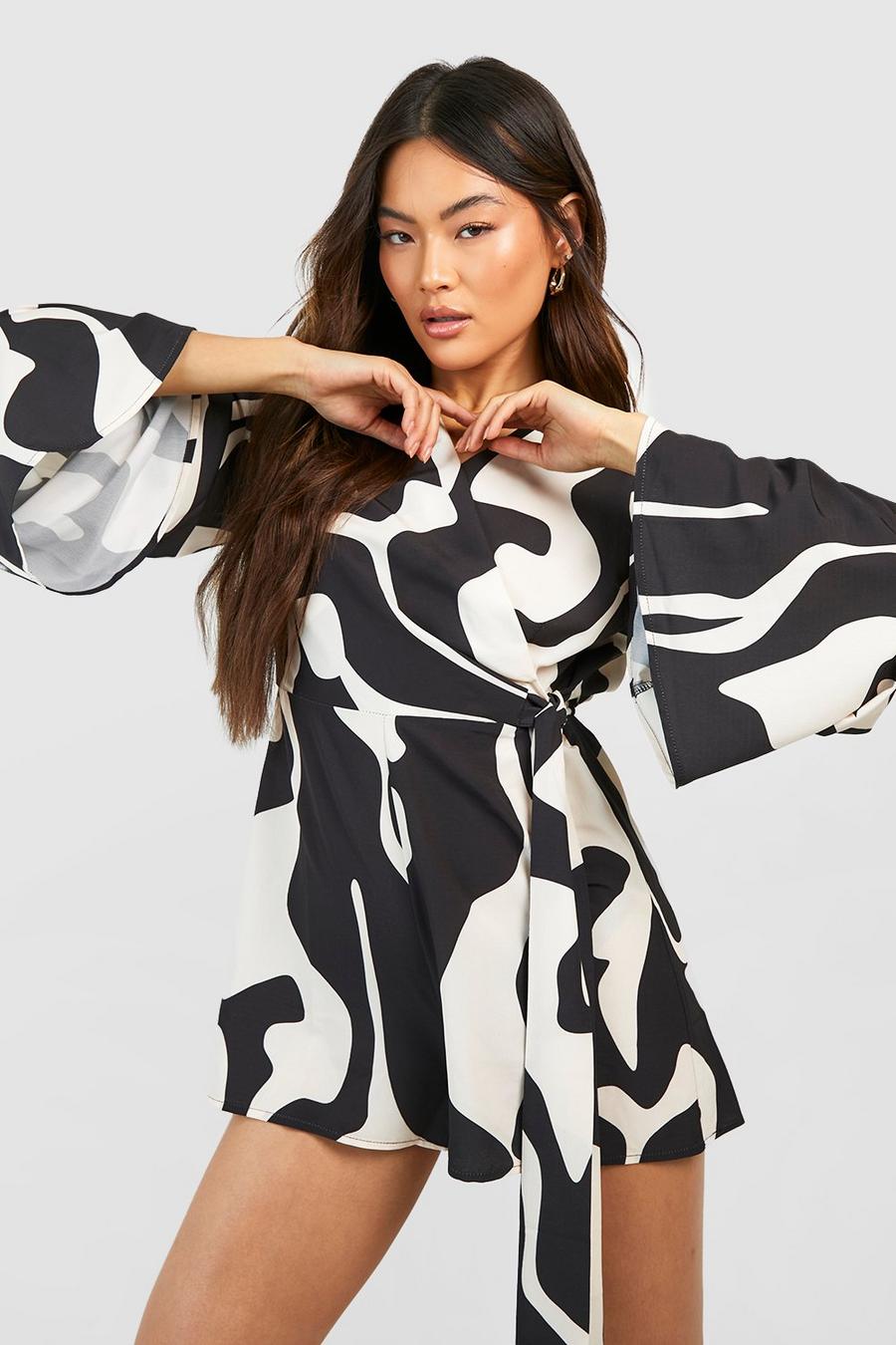 Stone Abstract Print Wrap Flare Sleeve Playsuit image number 1
