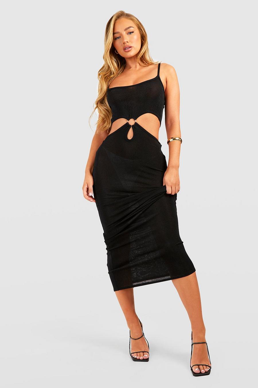 Black Textured Slinky Ring Detail Cut Out Maxi Dress
