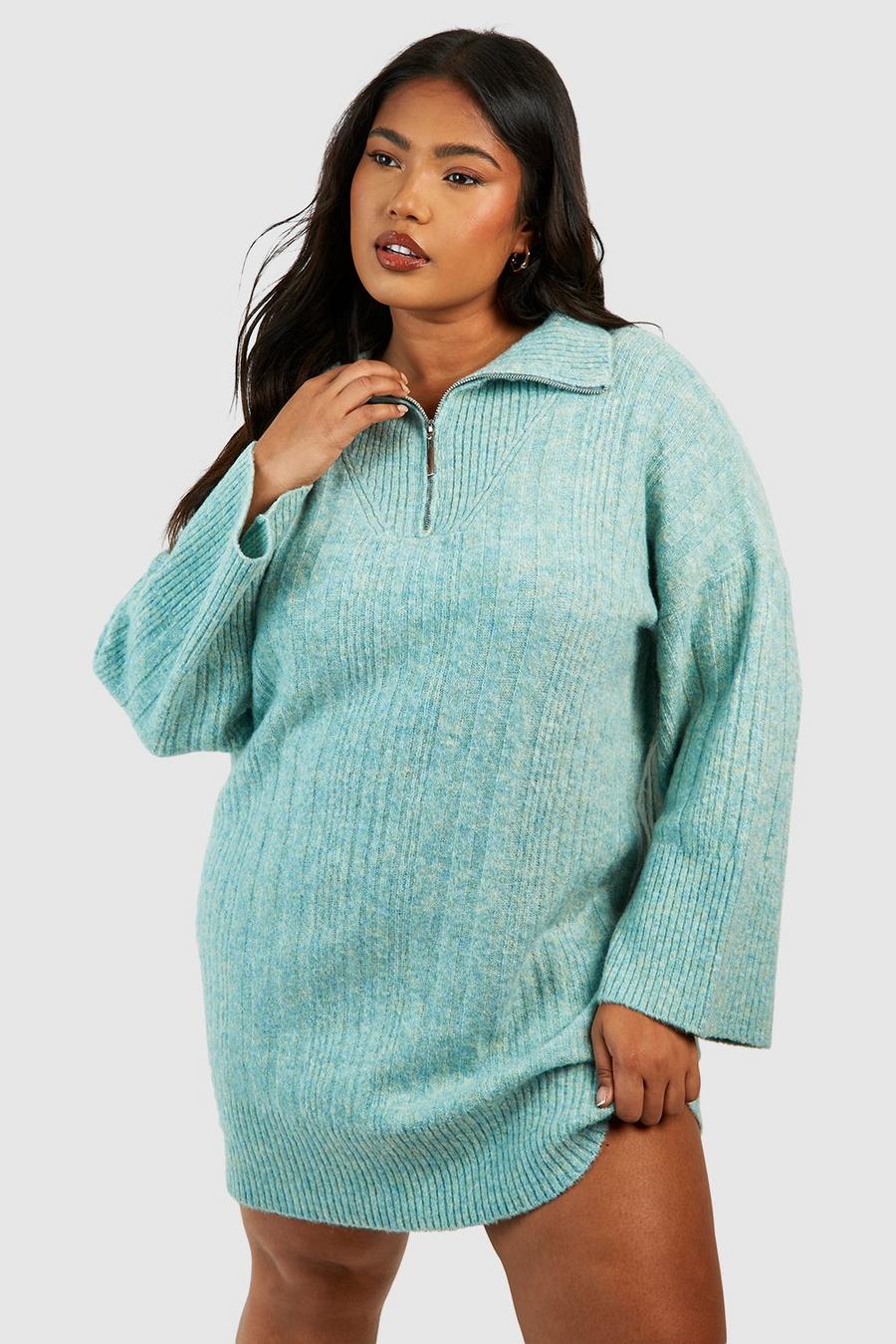 Sage Plus Half Zip Mixed Rib Sweater Dress