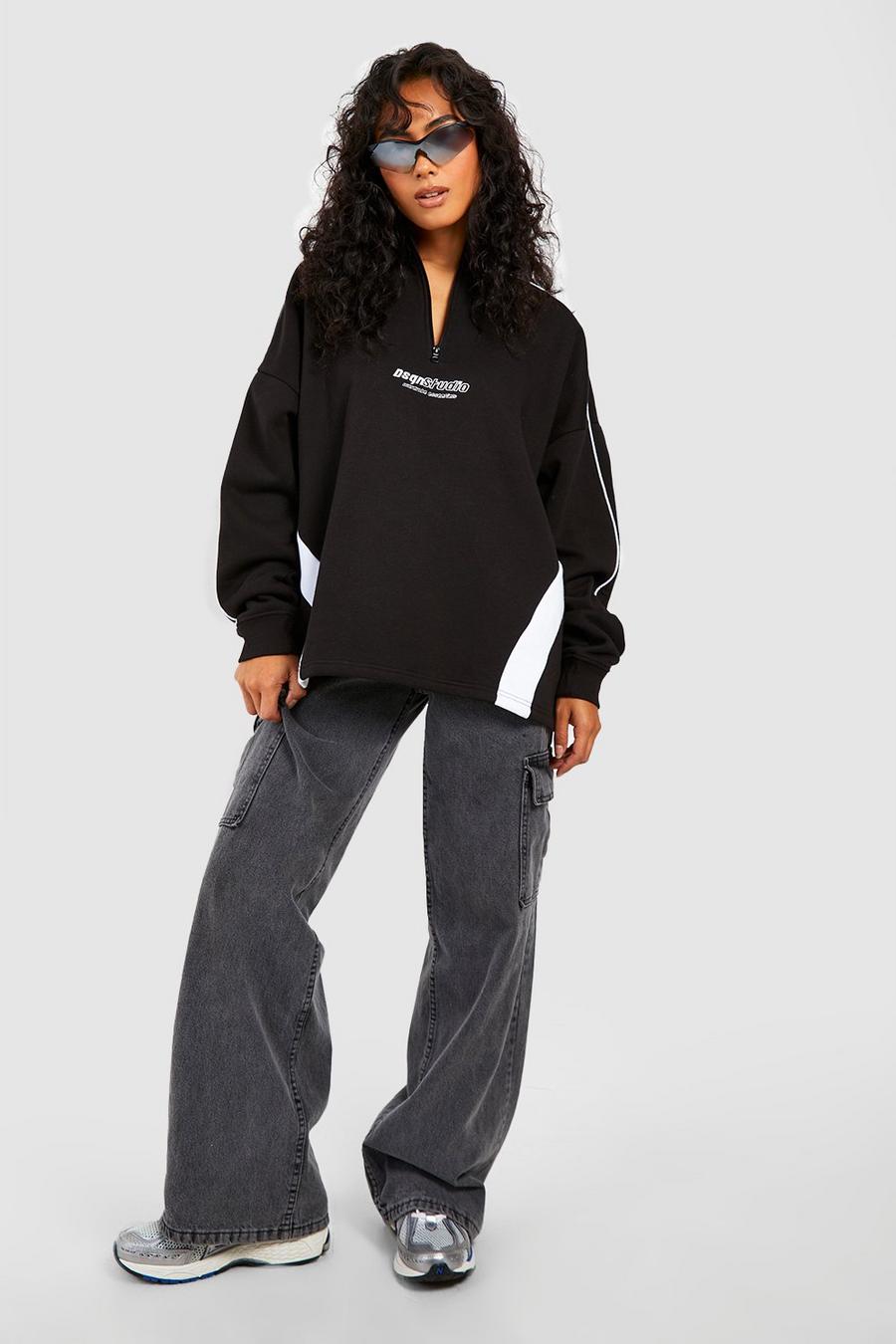 Colorblock Sweatshirt mit Slogan und halbem Reißverschluss, Black