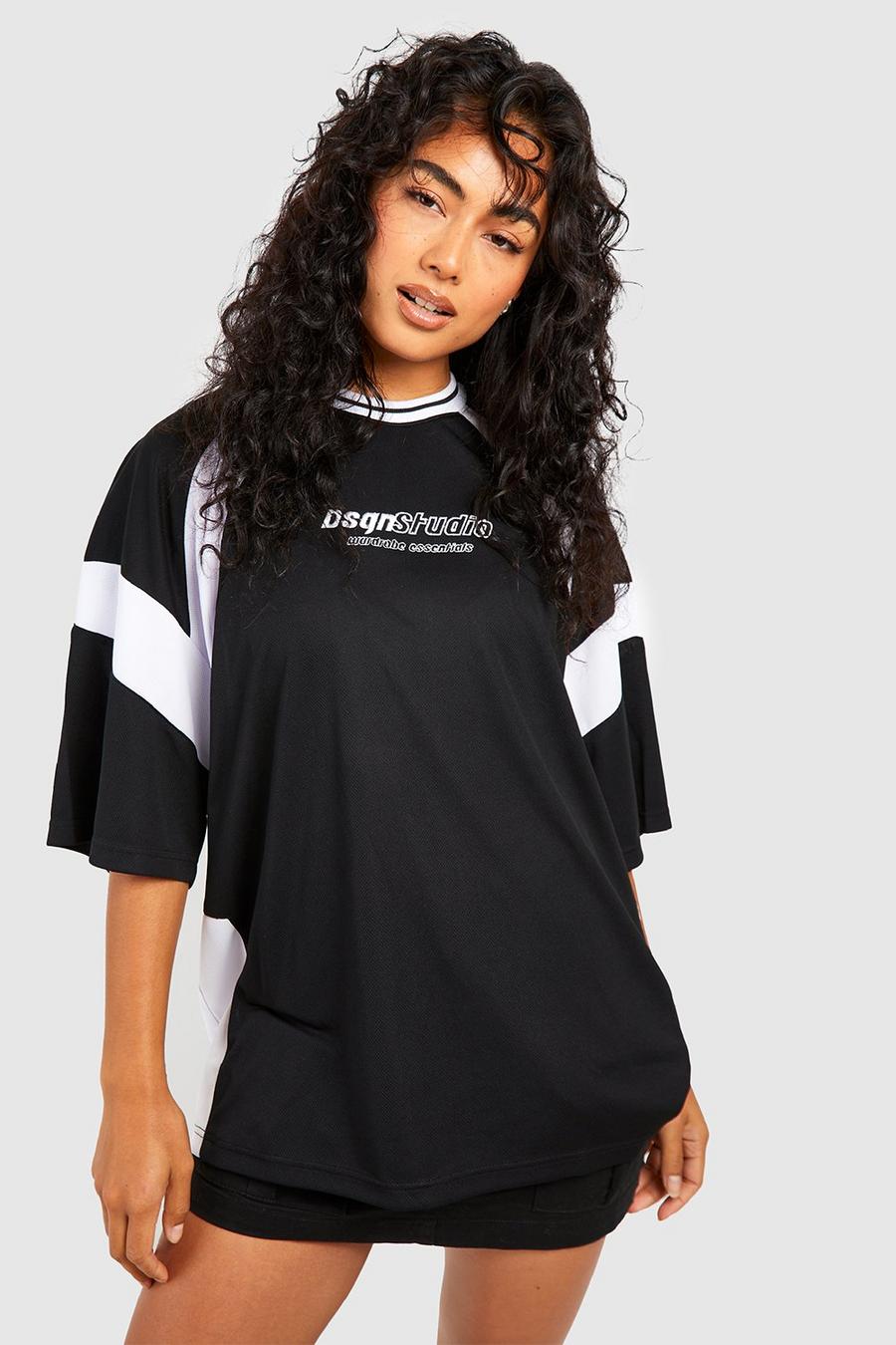Camiseta oversize de airtéx con eslogan y colores en bloque, Black