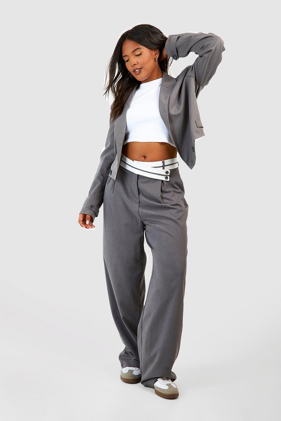 Grey Plus Woven Asymmetic Turn Over Waist Wide Leg Pants image number 1