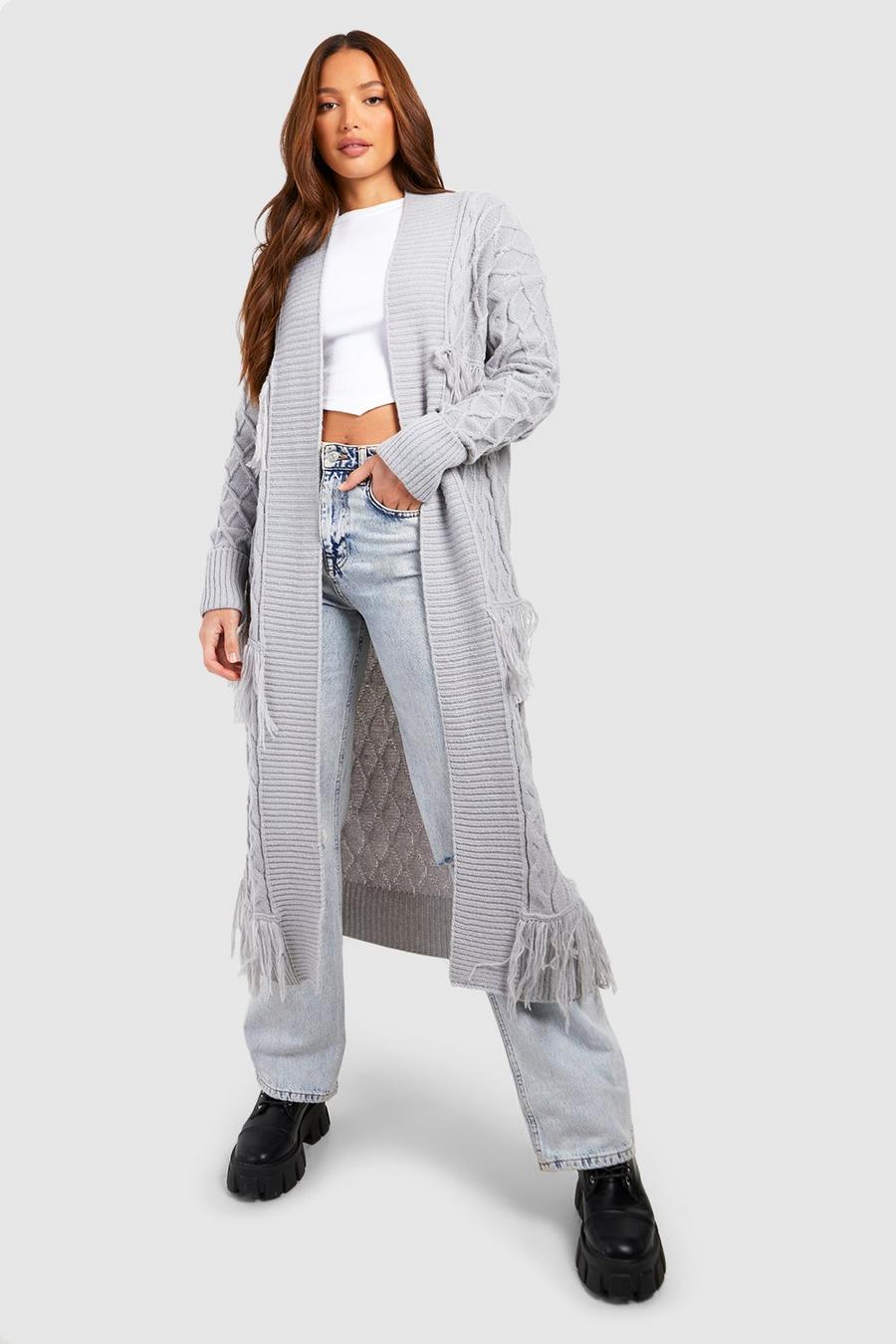 Grey Tall Fringe And Cable Detail Midi Cardigan
