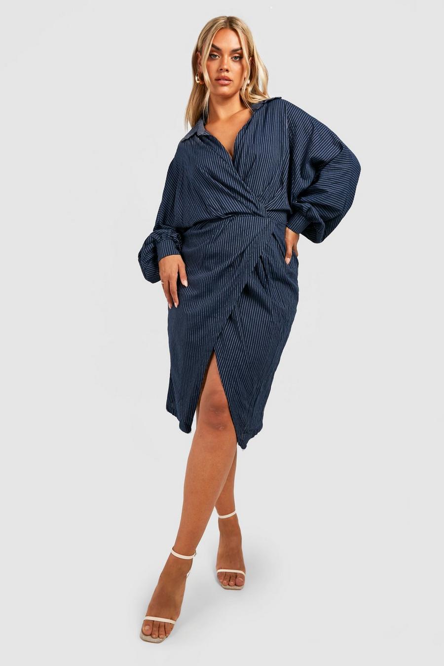 Grande taille - Robe chemise mi-longue à rayures, Navy