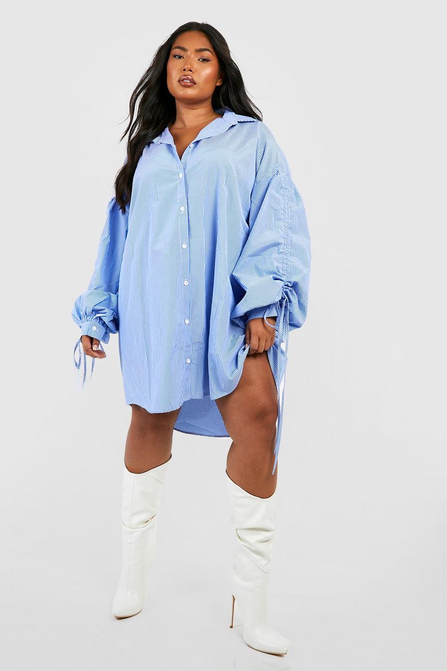 Vestido camisero Plus oversize de rayas con mangas fruncidas, Mid blue image number 1