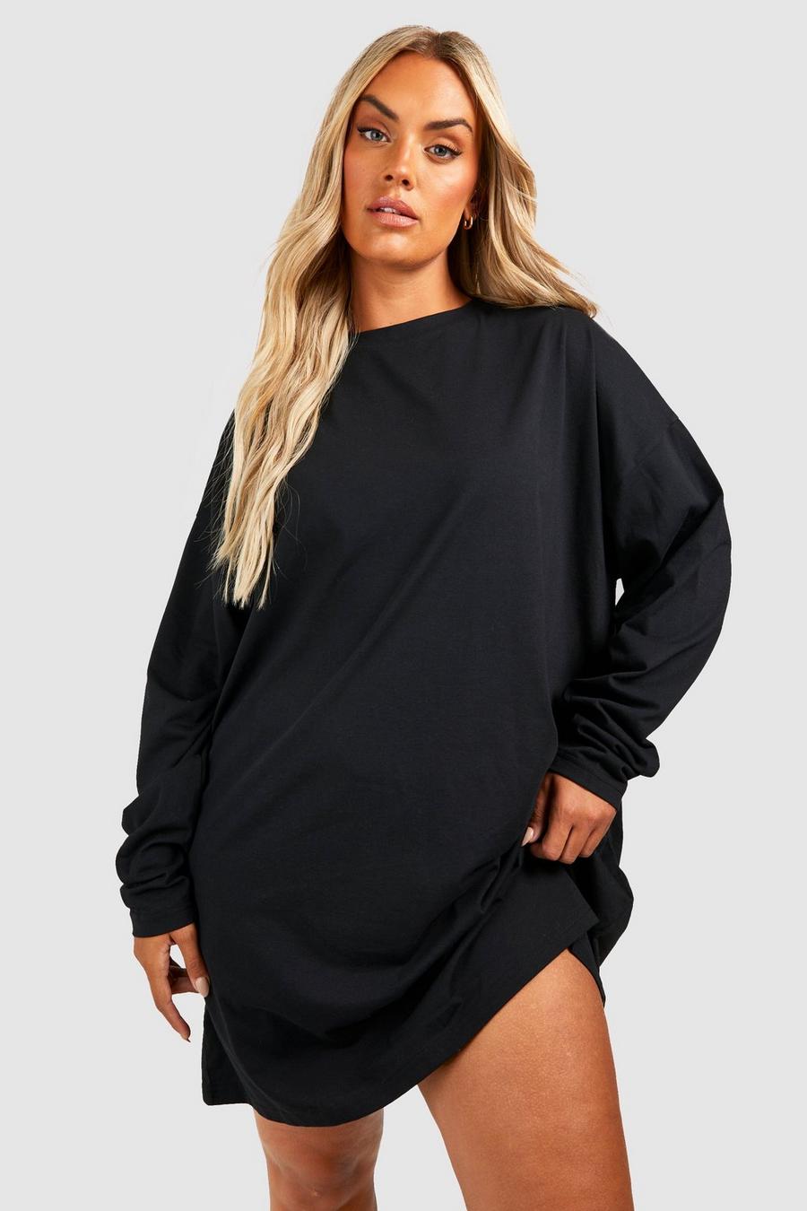 Black Plus Cotton Long Sleeve Oversized T-shirt Dress image number 1