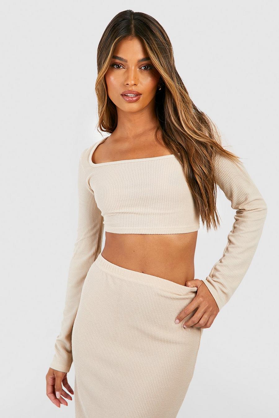 Sand Ribbed Square Neck Long Sleeve Crop