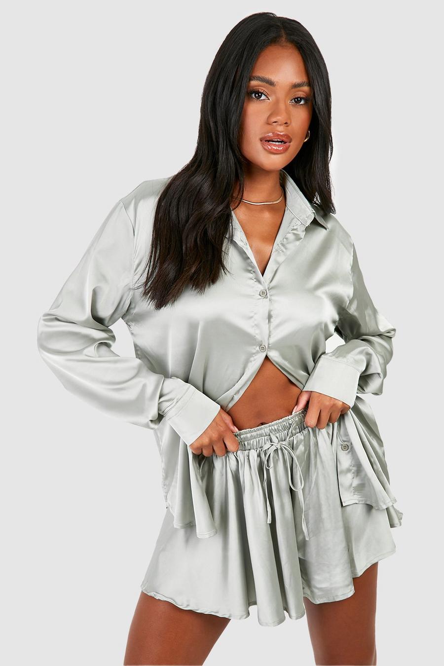 Soft green Satin Relaxed Fit Shirt & Flared Shorts