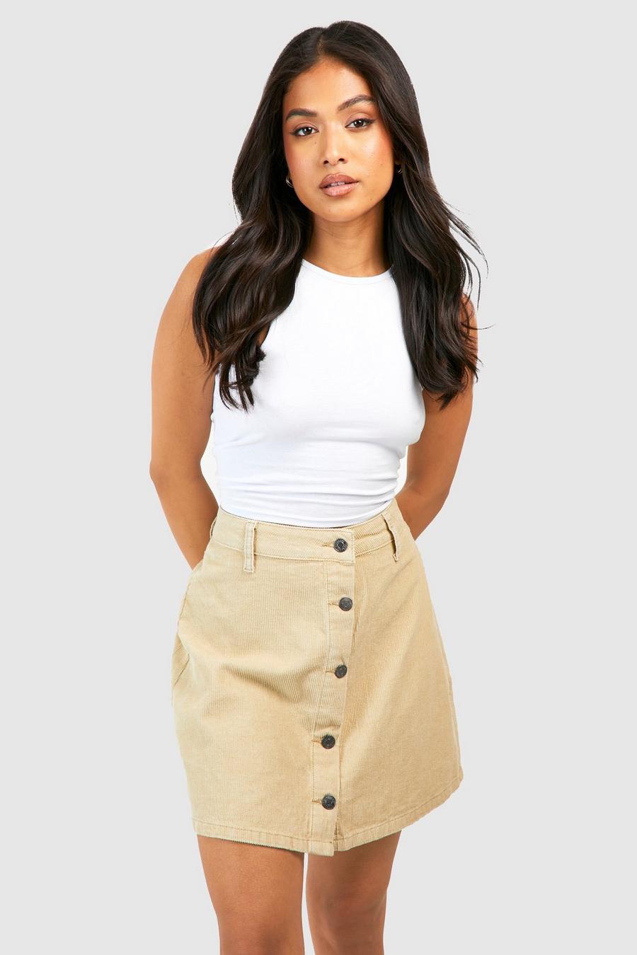 Petite Ecru Button Detail Cord Mini Skirt 