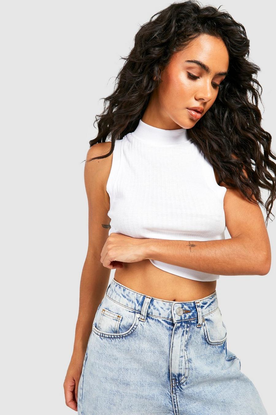 White Ribbed High Neck Crop Tank Top