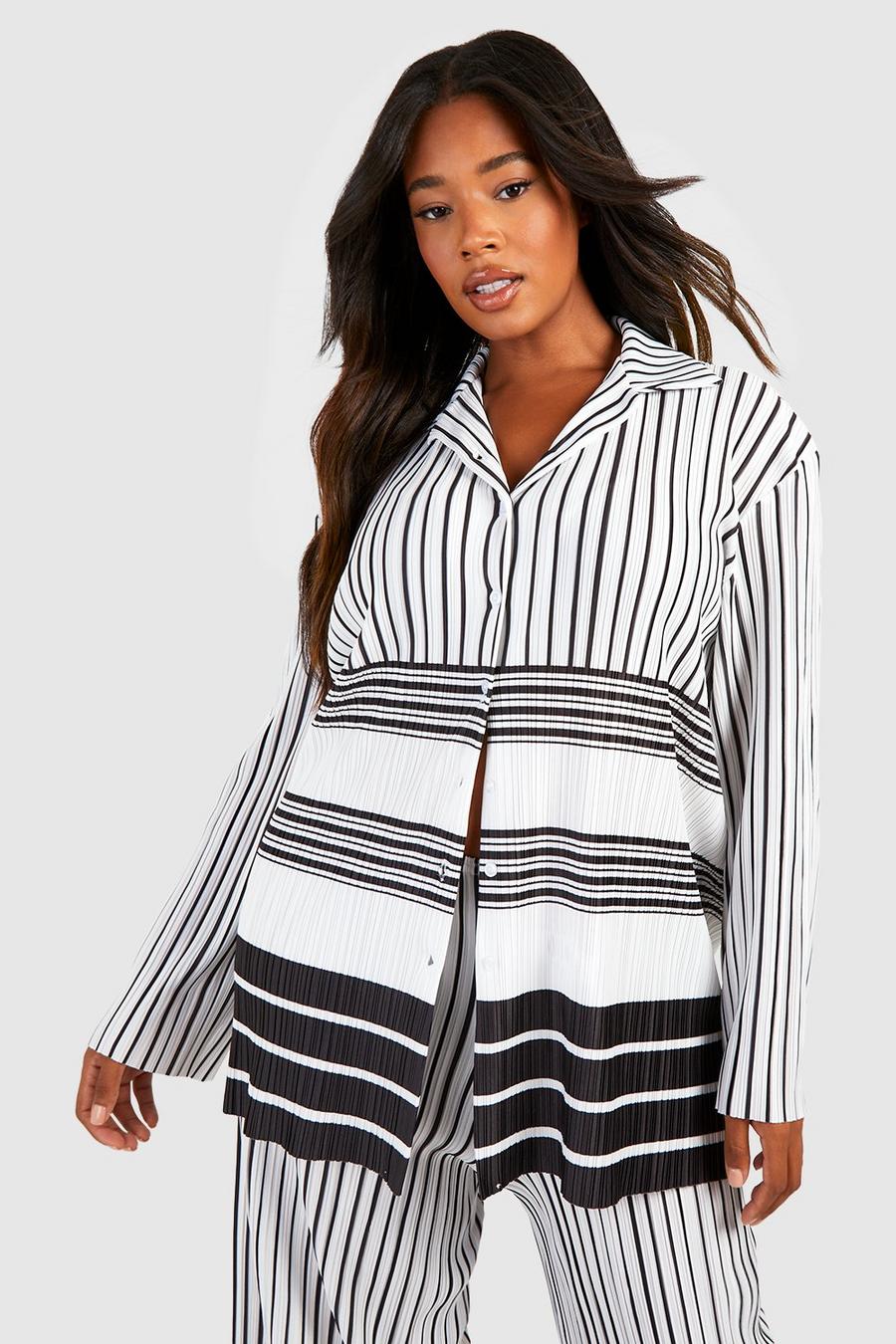 Black  Plus Stripe Plisse Oversized Shirt  image number 1