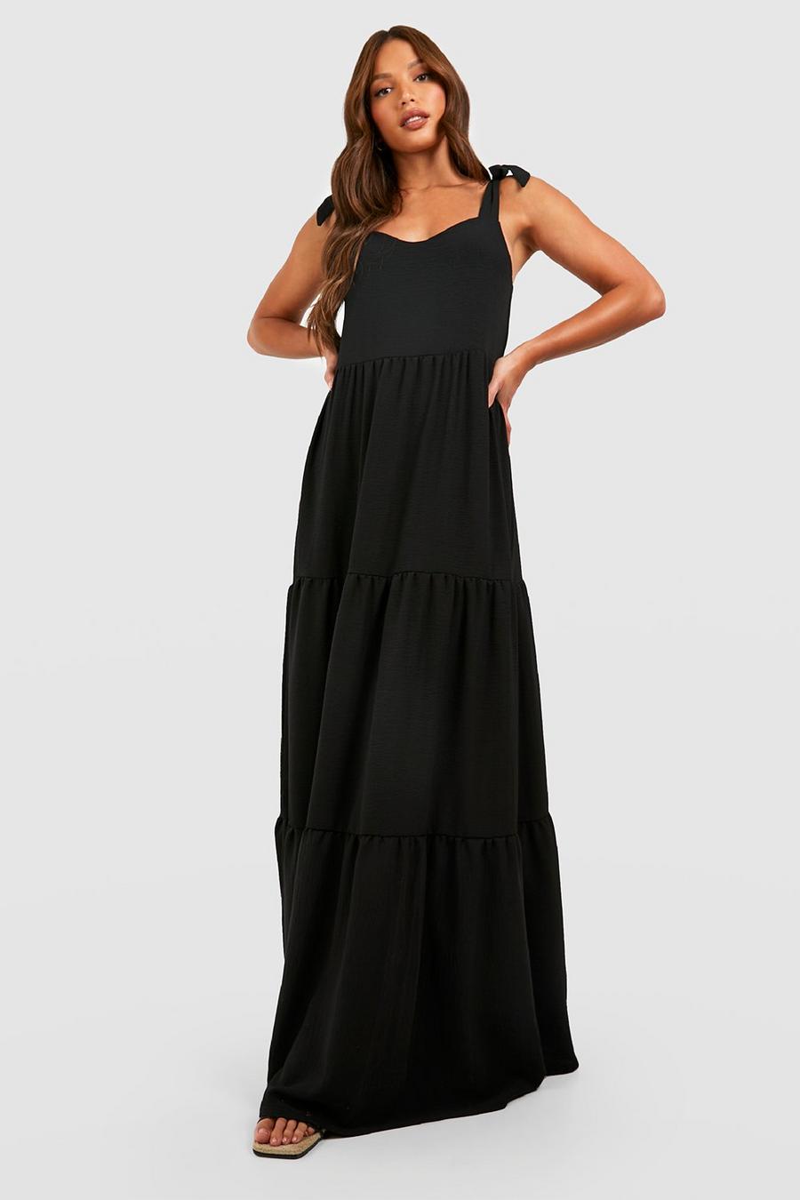 Black Tall Woven Tie Shoulder Tiered Maxi Dress