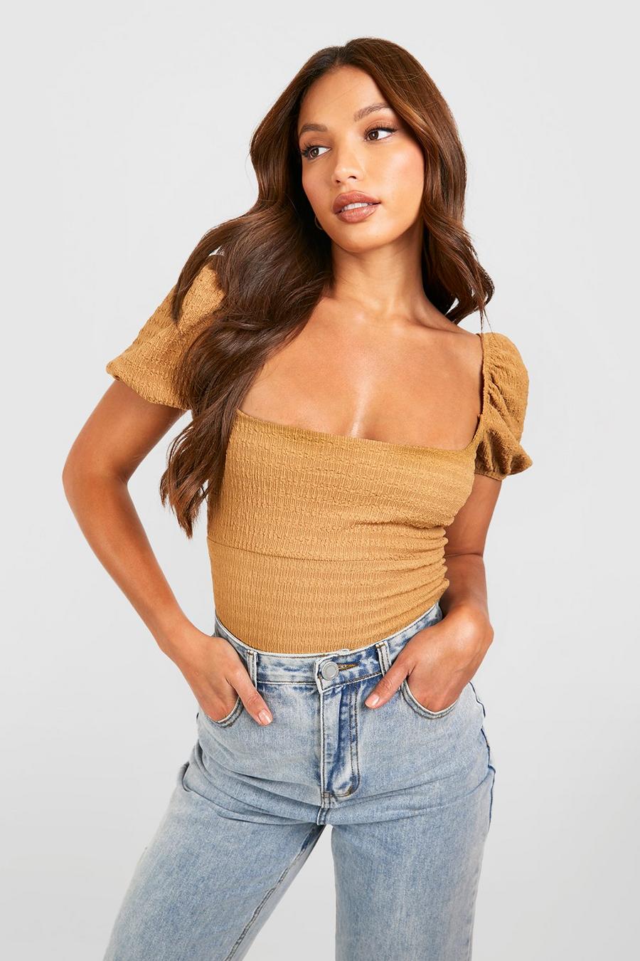 Camel Tall Crinkle Texture Puff Sleeve Crop Top