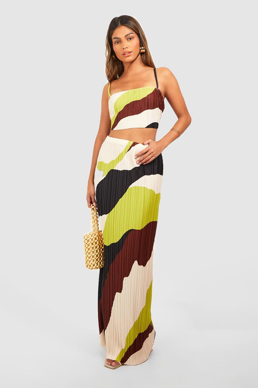 Lime Abstract Plisse Square Neck Cami & Maxi Skirt