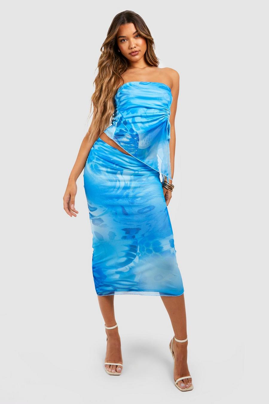 Cobalt Mesh Blurred Print Ruched Bandeau & Midaxi Skirt image number 1