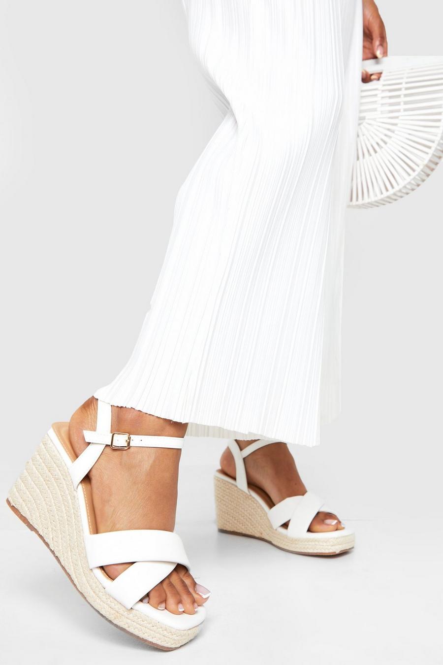 White Wide Width Square Toe Cross Strap Wedges