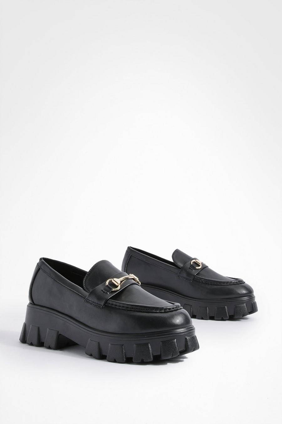 Black Wide Fit Chunky Cleated Sole T Bar Loafers image number 1