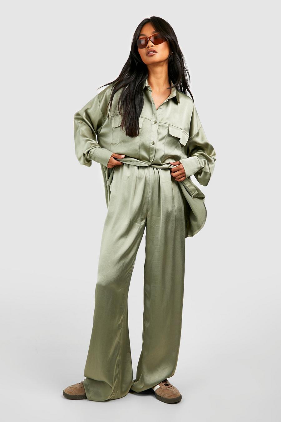 Khaki Textured Matte Satin Fluid Wide Leg Pants