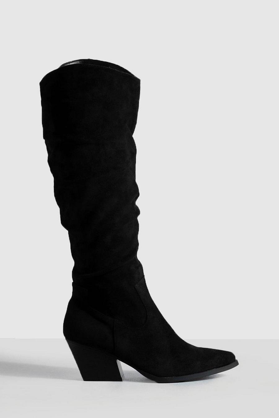 Black Ruched Casual Knee High Cowboy Boots