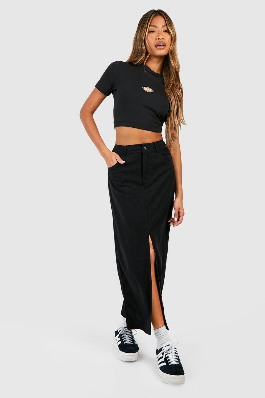 Black Cord Split Front Midaxi Skirt
