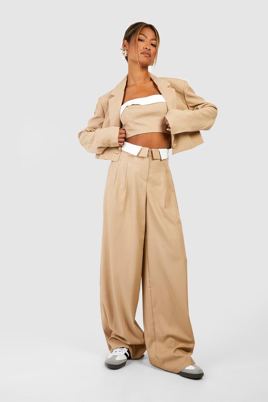 Sand Contrast Waistband Wide Leg Tailored Trousers