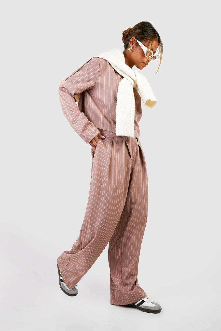 Pinstripe Pleat Front Wide Leg Tailored Trousers 