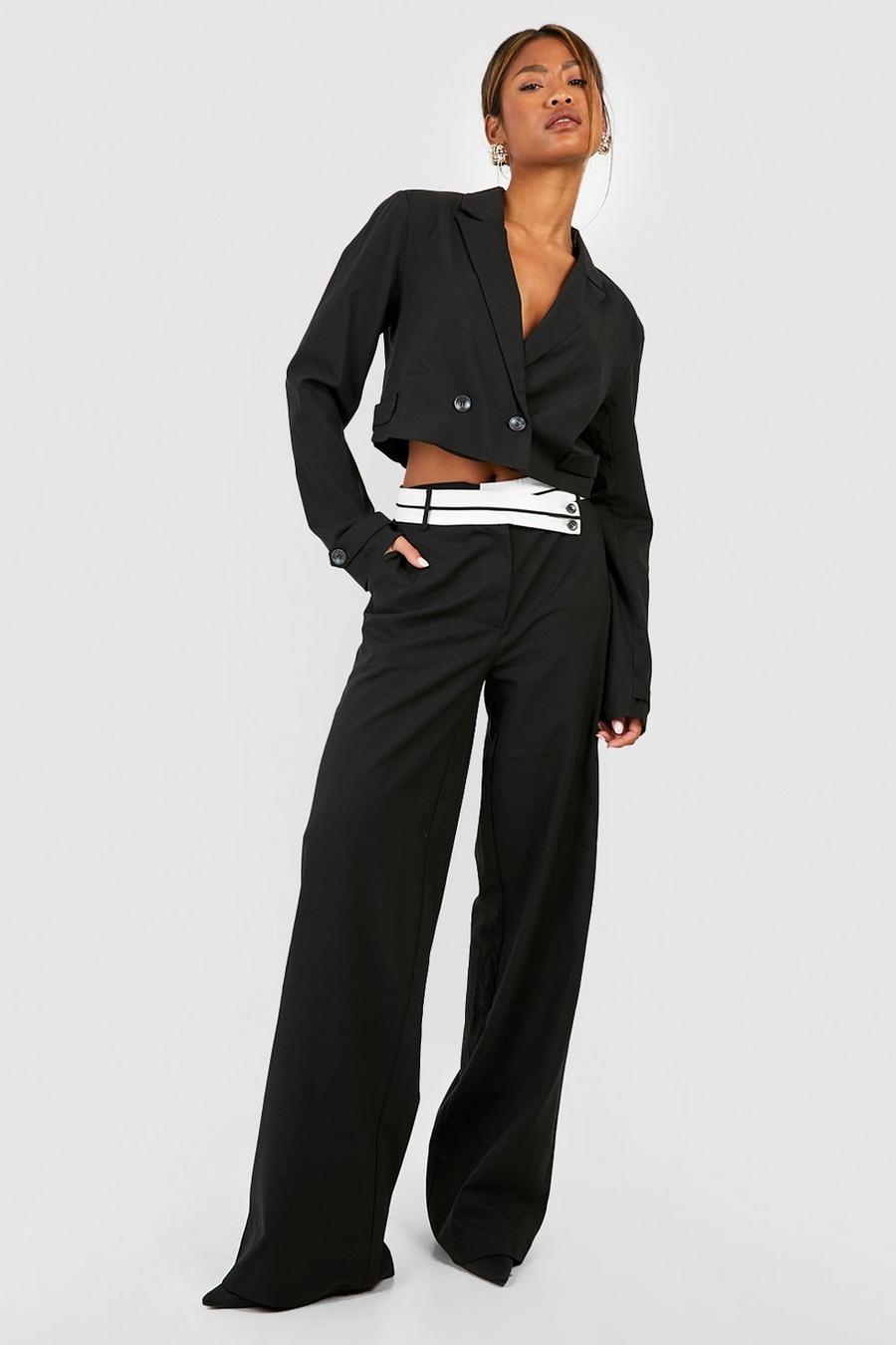 Pantalón jaspeado entallado de pernera ancha con cintura en contraste, Black