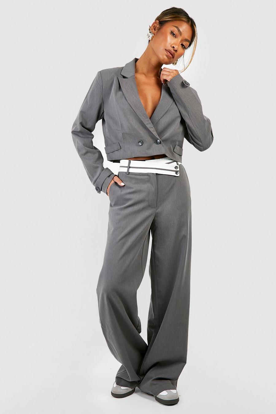 Charcoal Marl Contrast Waistband Wide Leg Tailored Pants