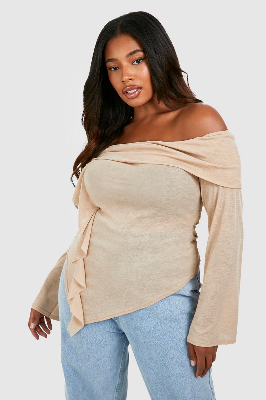 Stone Plus Off The Shoulder Ruffle Front Flare Sleeve Top
