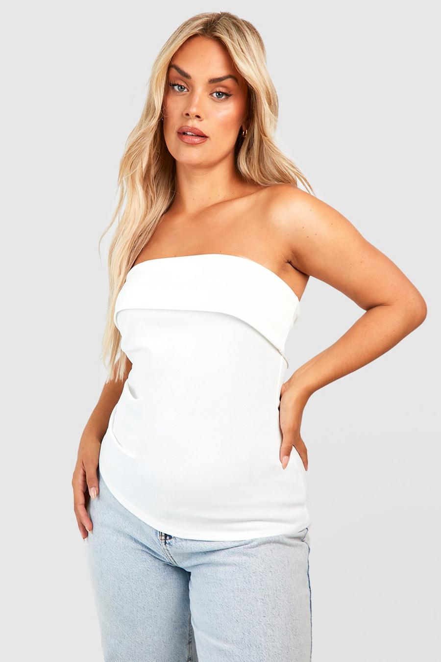 White Plus Geplooide Asymmetrische Bandeau Top