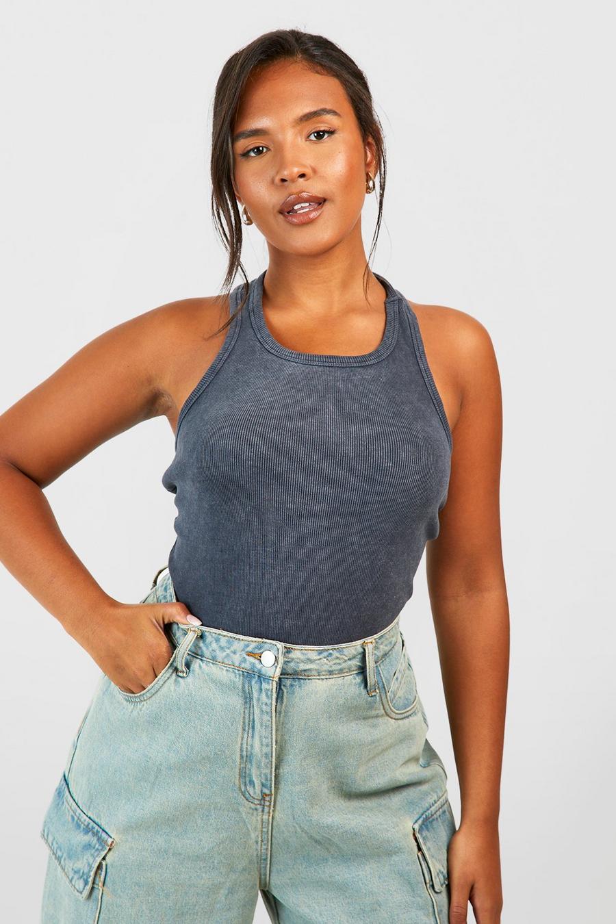 Charcoal Plus Washed Rib Racer Tank Top Top