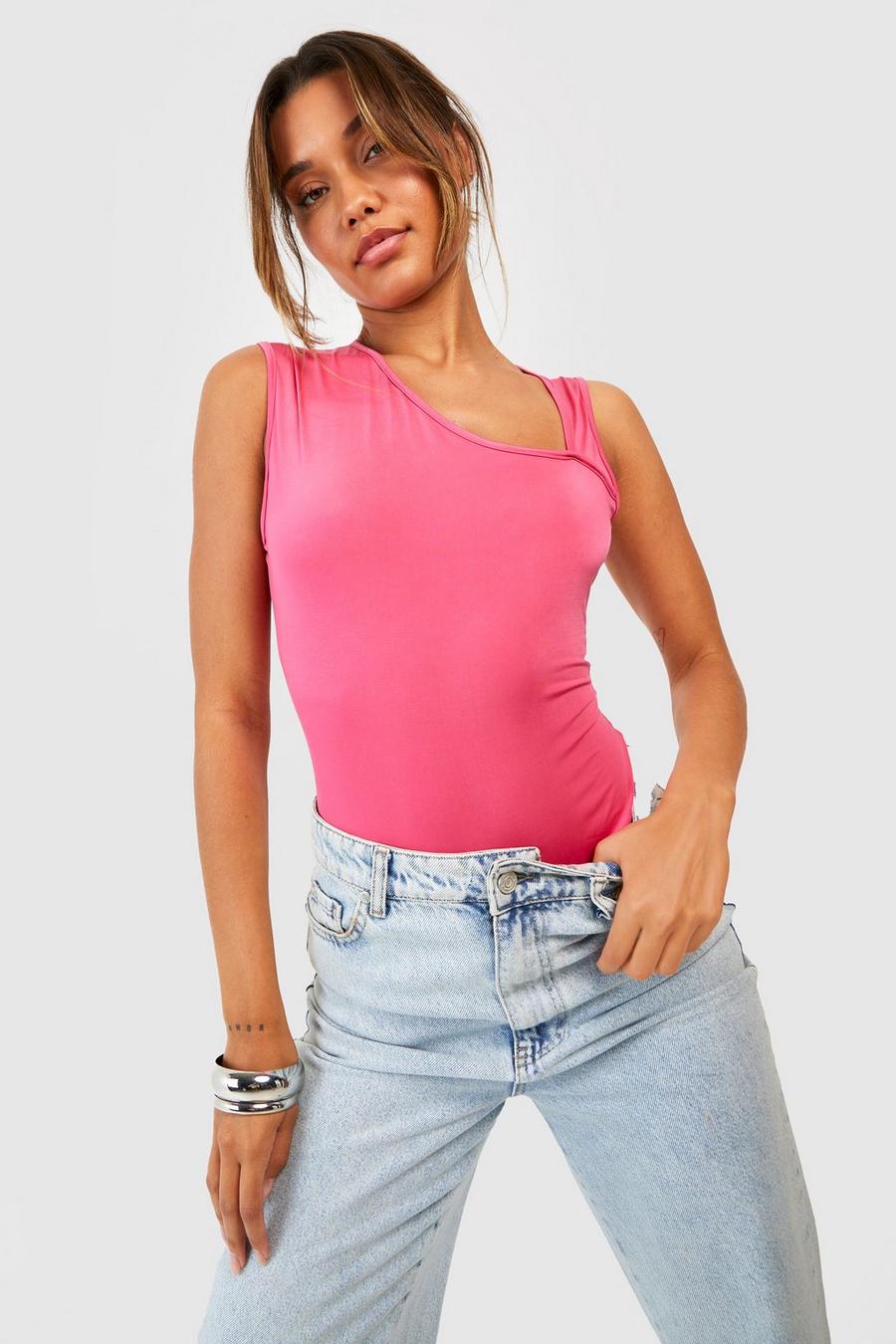 Hot pink Slinky Ruched Asymmetric Bodysuit 