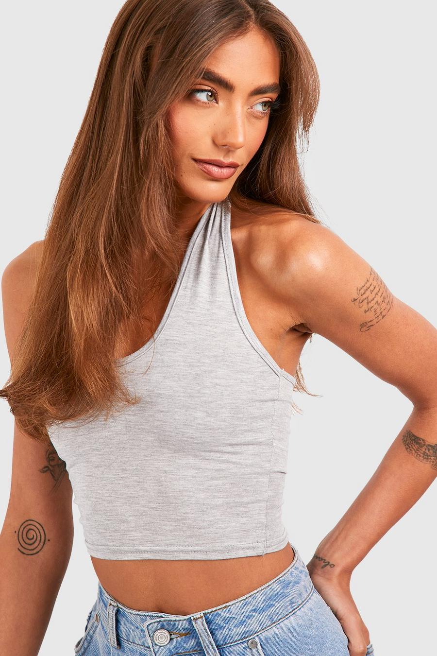 Top crop de tela jersey con escote en U y escote halter, Grey