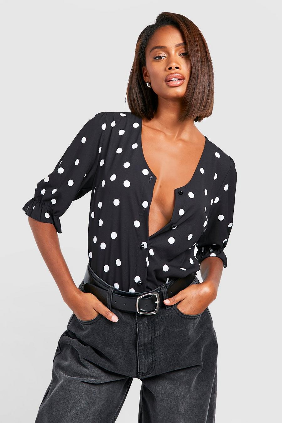 Black Polka Dot Puff Sleeve Button Front Blouse