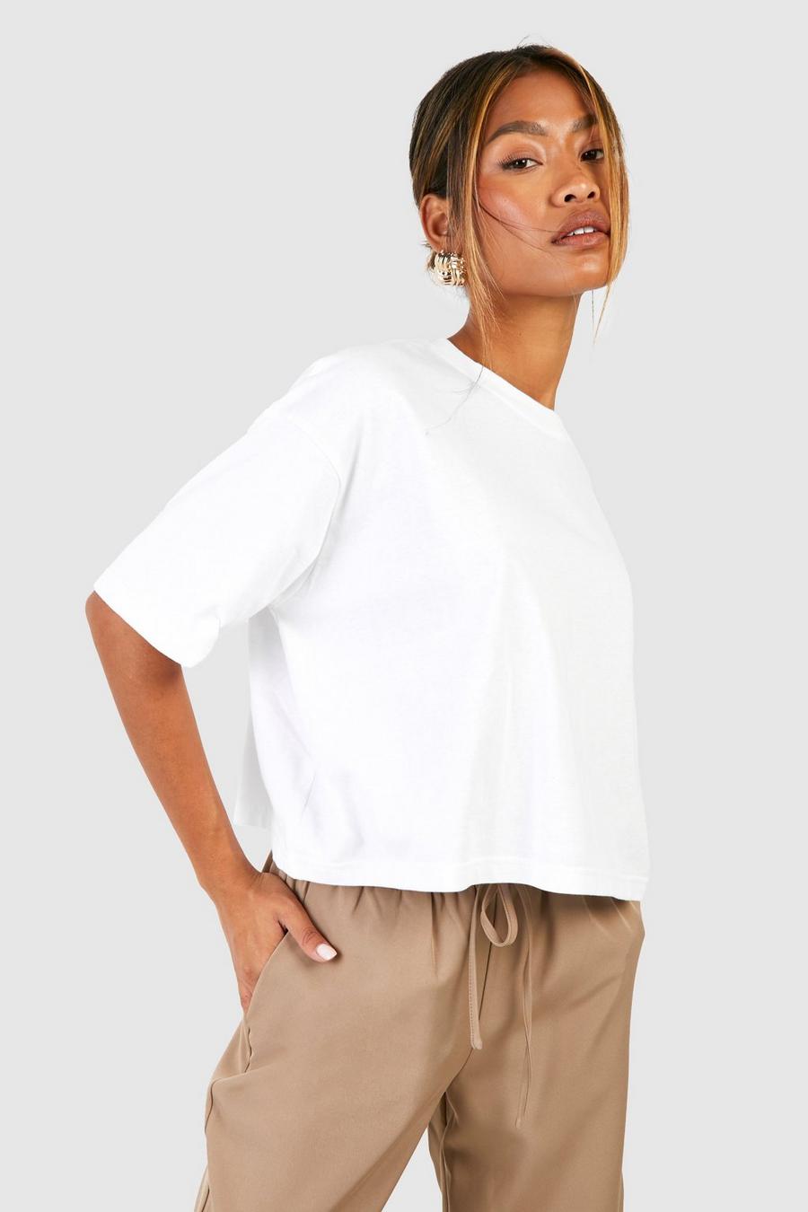 White Basic Cotton Boxy Cropped T-shirt 