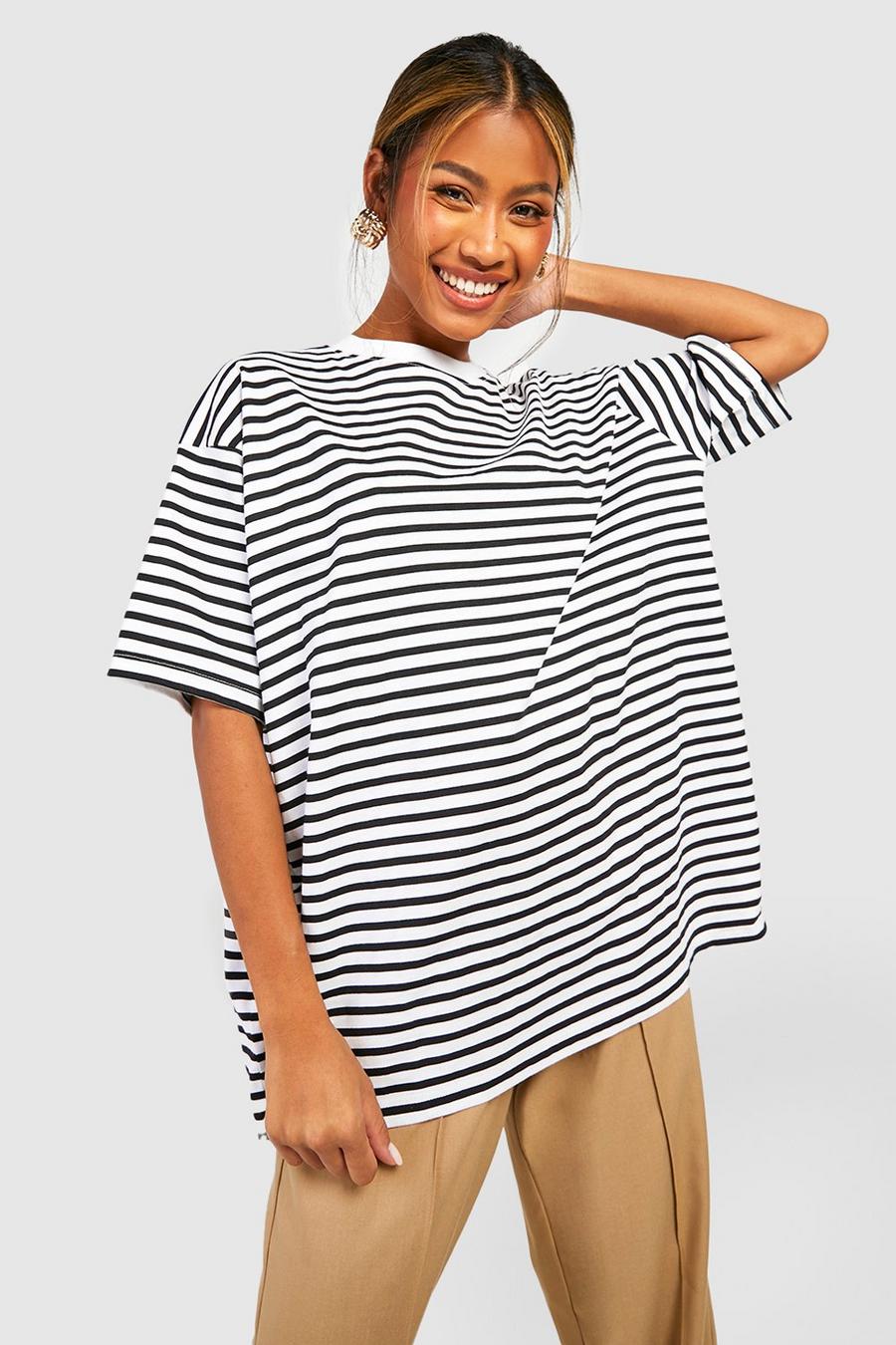 White Basic Cotton Oversized Striped T-shirt  image number 1