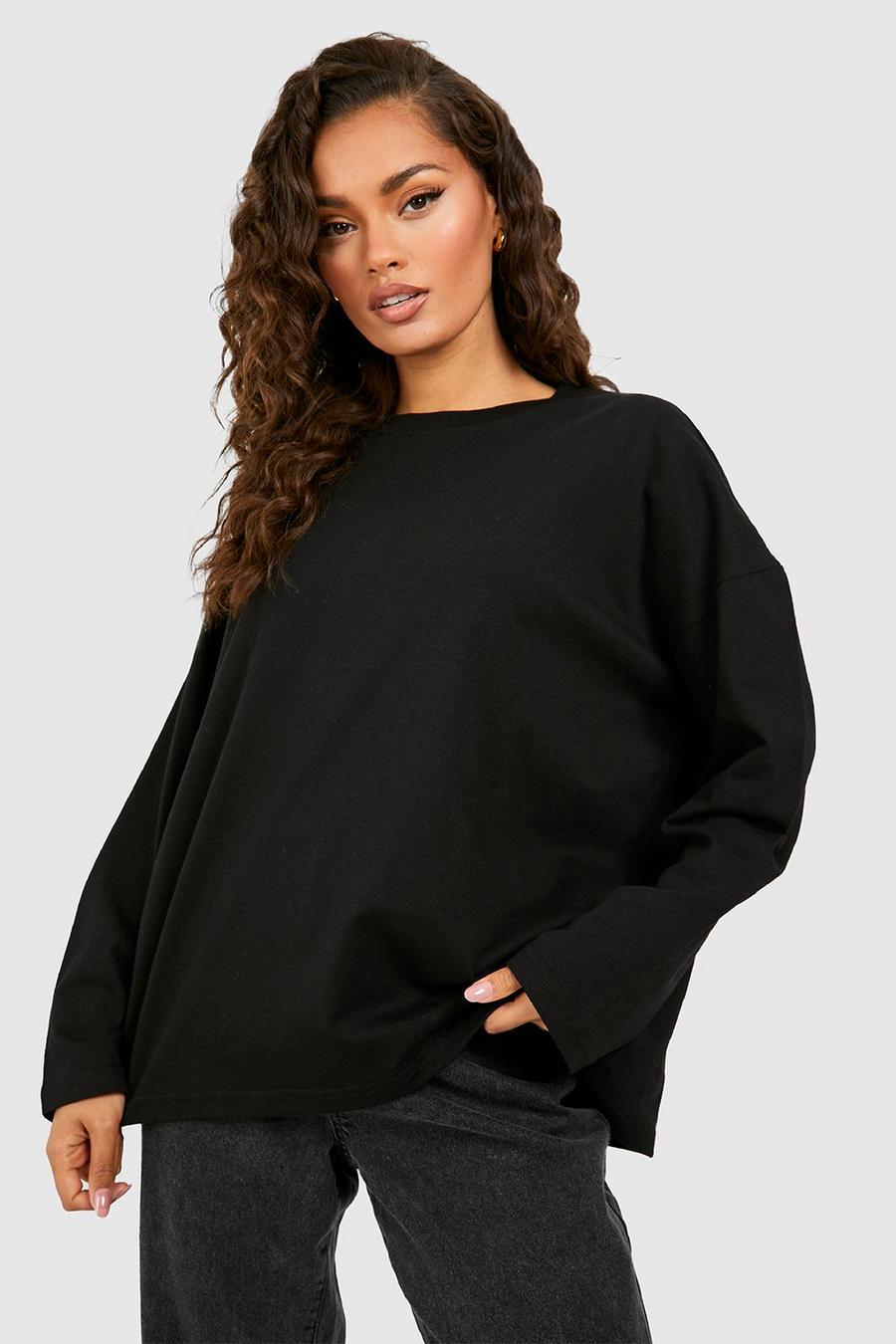 Black Basic Cotton Oversized Long Sleeve T-shirt 